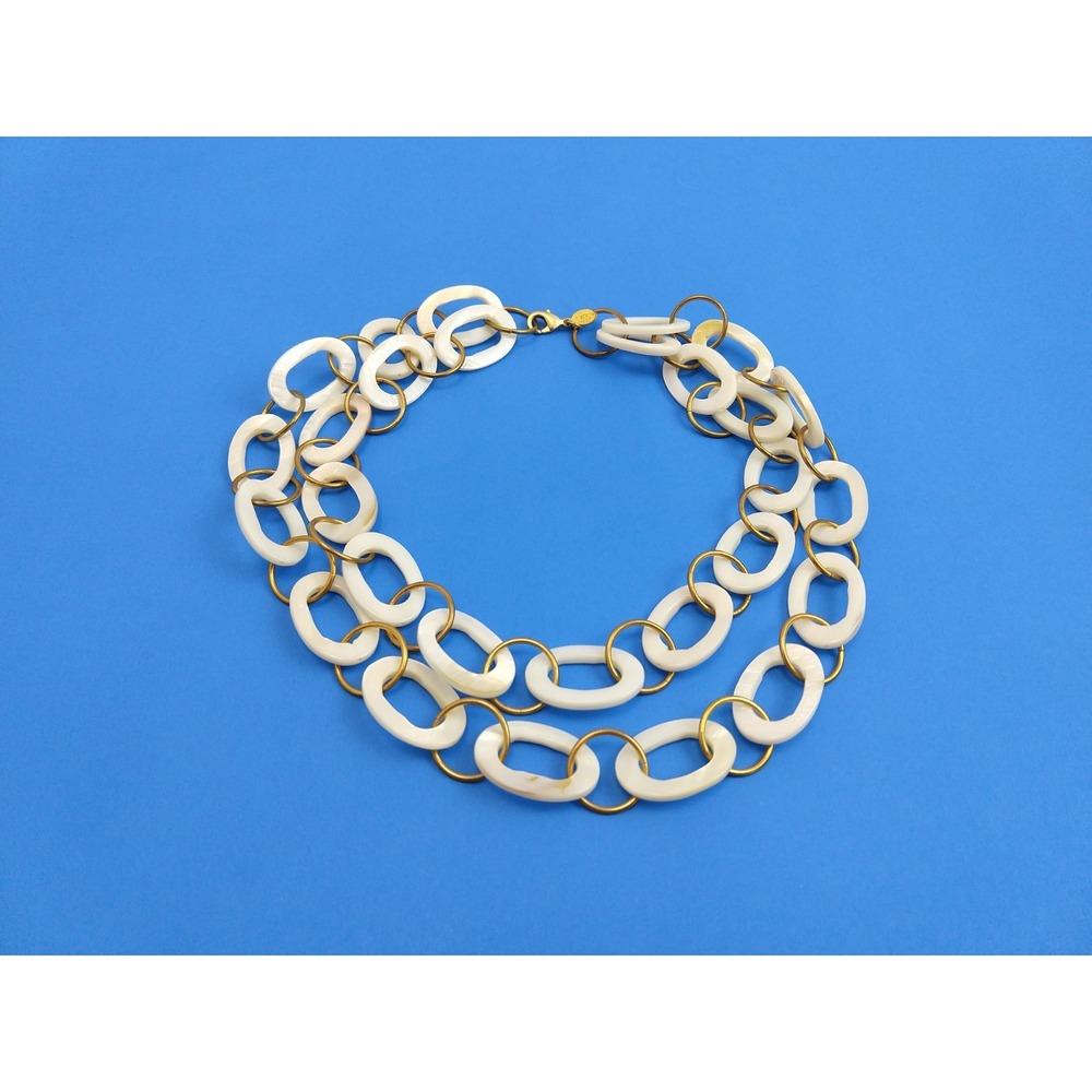 Stefanie Wolf Double Chain White Chainlink Necklace Gold Tone Jewelry